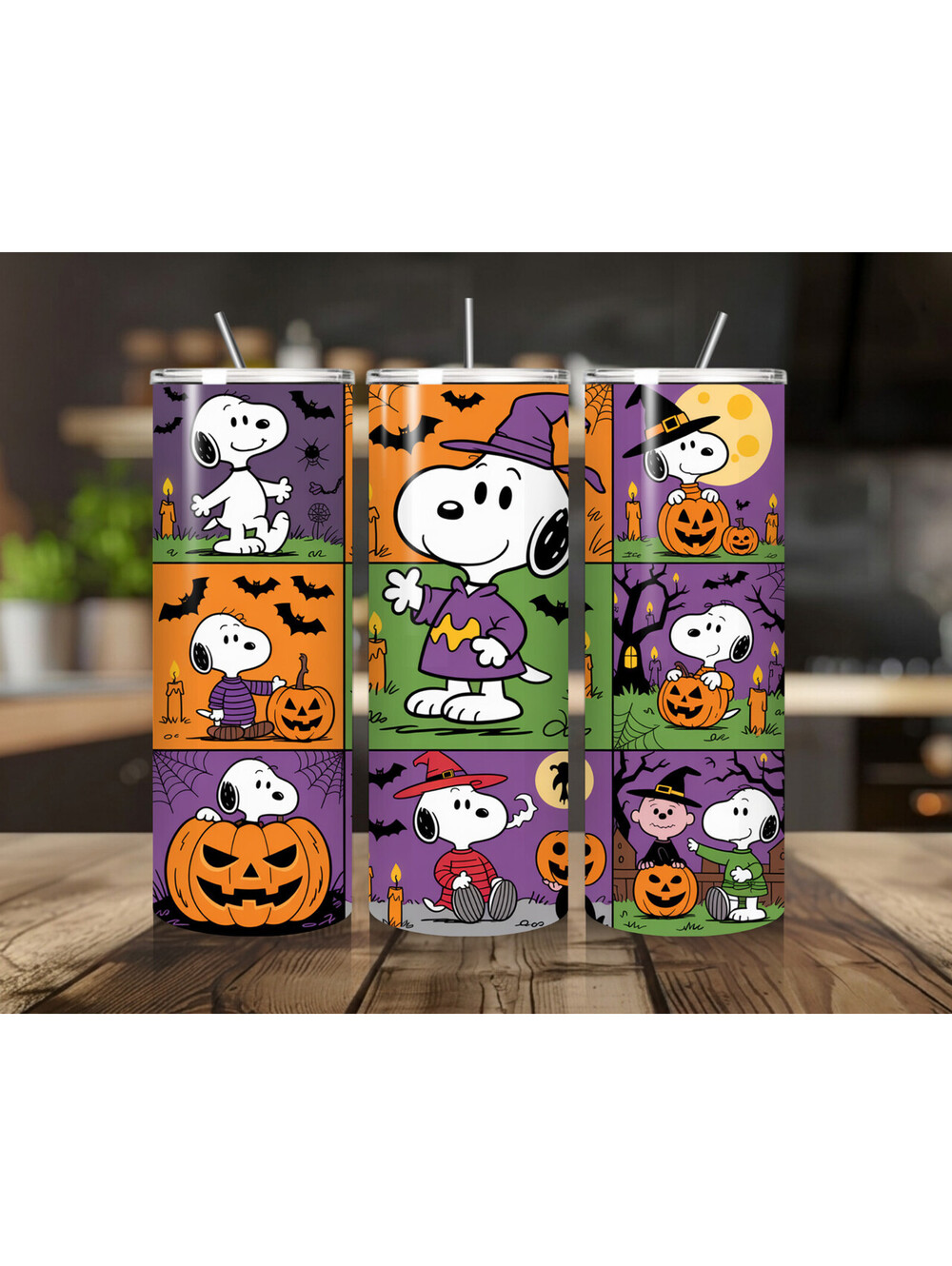 20 oz Snoopy Halloween Stainless Steel Tumbler with Lid, Straw - Peanuts